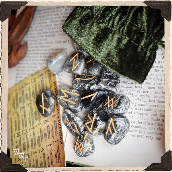 LABRADORITE CRYSTAL MAGICK RUNE SET. For Divination & Fortune Telling White Witch Parlour
