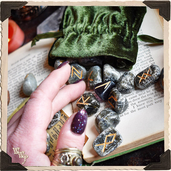 LABRADORITE CRYSTAL MAGICK RUNE SET. For Divination & Fortune Telling White Witch Parlour