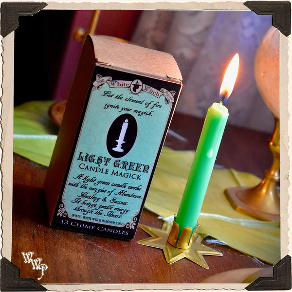 LIGHT GREEN SPELL CANDLES. 13 Pack - Unscented. Mini Taper Candle Magick for Abundance & Heart. White Witch Parlour