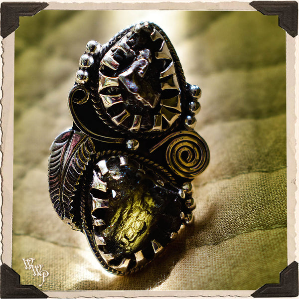 LIMITED EDITION : METEORITE & MOLDAVITE SPIRAL RING. For Higher Wisdom & Cosmic Connections. Sterling Silver