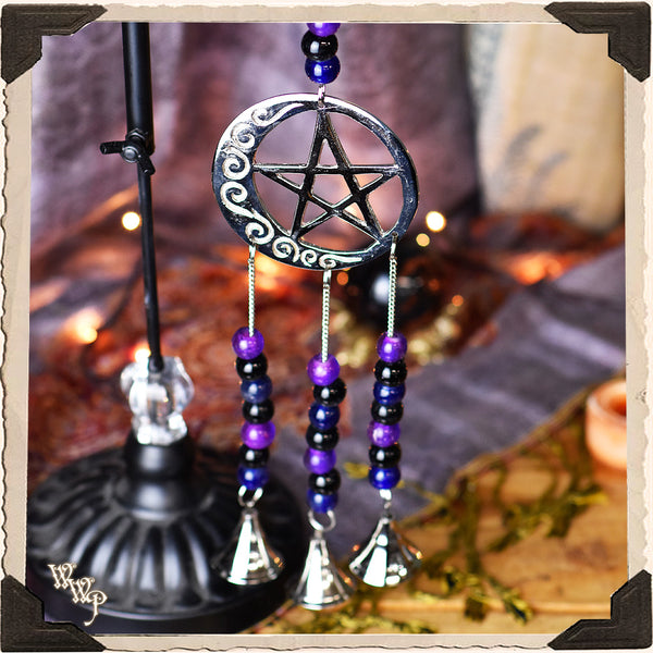 DISCONTINUED: SILVER MOON PENTACLE WINDCHIME. Witch, Goddess Decor.