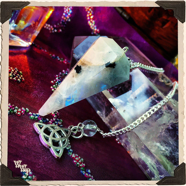 RAINBOW MOONSTONE CRYSTAL PENDULUM with Triquetra Charm. For Feminine energies & Lunar Cycles White Witch Parlour