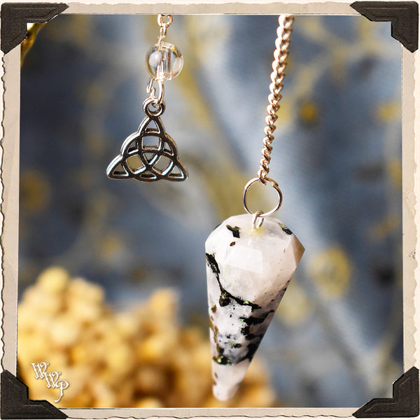 RAINBOW MOONSTONE CRYSTAL PENDULUM with Triquetra Charm. For Feminine energies & Lunar Cycles