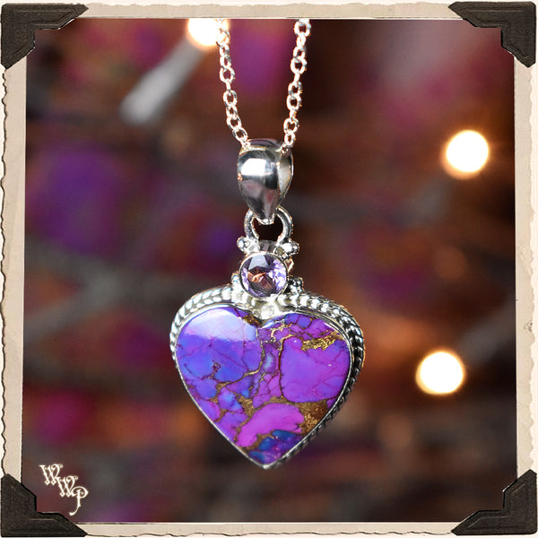 LIMITED EDITION : COPPER & PURPLE TURQUOISE HEART NECKLACE PENDANT. For Empaths & Psychic Development. Sterling Silver.( SKU:PCT55 ) White Witch Parlour