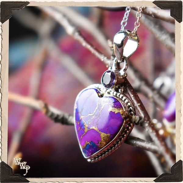 LIMITED EDITION : COPPER & PURPLE TURQUOISE HEART NECKLACE PENDANT. For Empaths & Psychic Development. Sterling Silver.( SKU:PCT55 ) White Witch Parlour