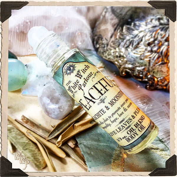 PEACEFUL Elixir 1/3oz. BODY OIL Rollon. Scent of Olive Leaves & Plum. Blessed by Malachite & Moonstone Crystals. White Witch Parlour