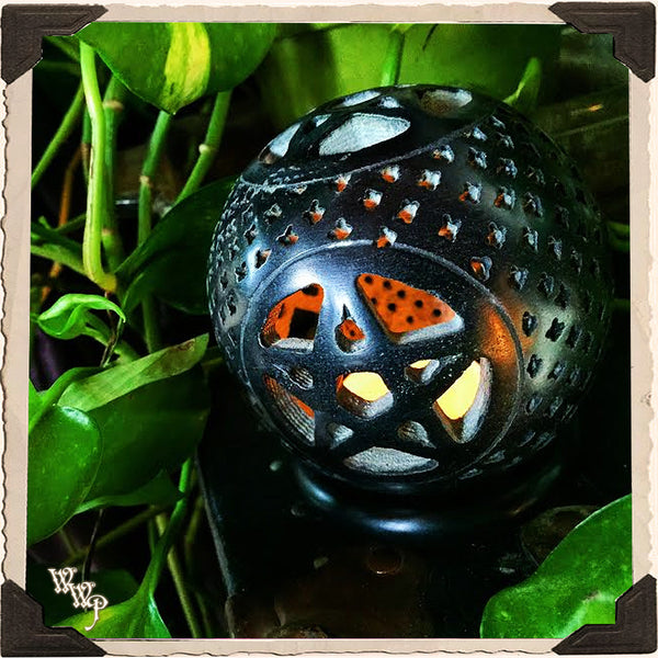 BLACK PENTACLE CANDLE HOLDER GLOBE. Carved Soapstone. Cone Incense Burner. White Witch Parlour