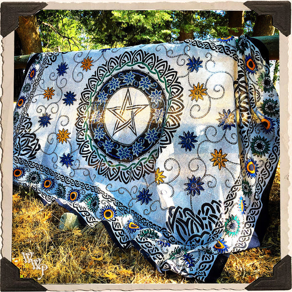 PENTACLE TAPESTRY. Large Floral Botanical White Witch Throw Blanket, Bedspread & Decor. White Witch Parlour