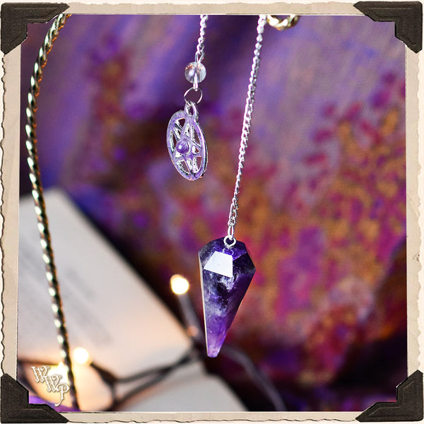 AMETHYST CRYSTAL PENDULUM with Silver Chain, Quartz Lob, Triquetra Charm. For Divination & Scrying