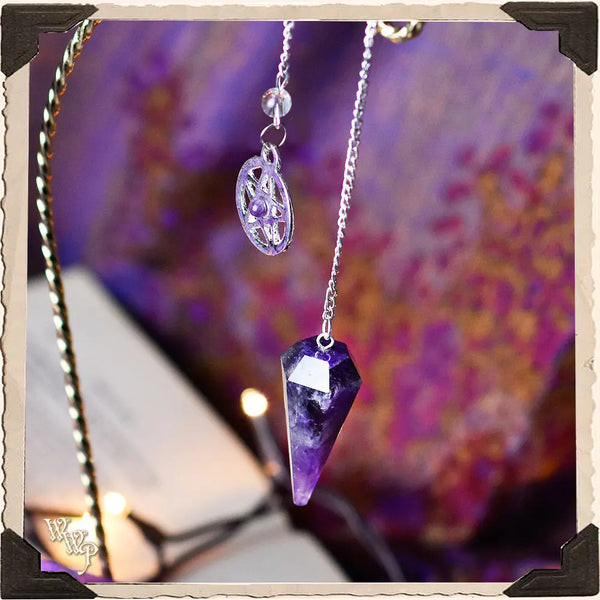 AMETHYST CRYSTAL PENDULUM with Silver Chain, Quartz Lob, Triquetra Charm. For Divination & Scrying White Witch Parlour