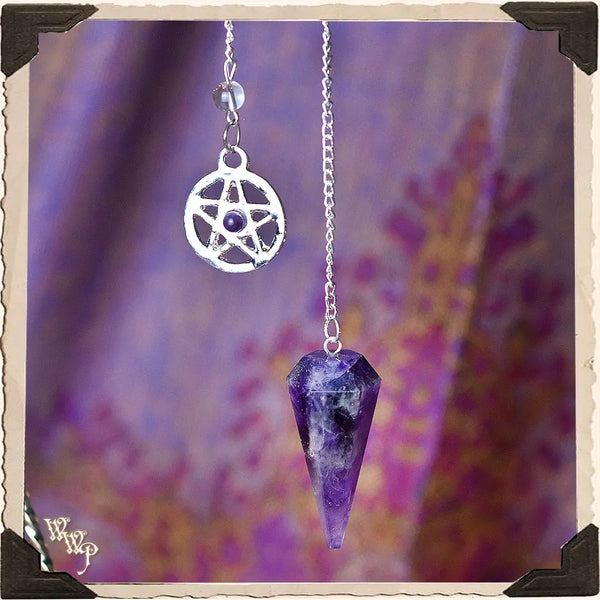 AMETHYST CRYSTAL PENDULUM with Silver Chain, Quartz Lob, Triquetra Charm. For Divination & Scrying White Witch Parlour
