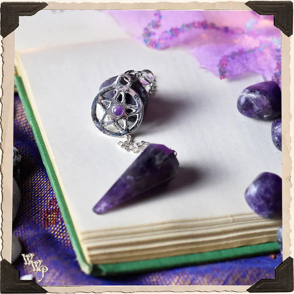 AMETHYST CRYSTAL PENDULUM with Silver Chain, Quartz Lob, Triquetra Charm. For Divination & Scrying White Witch Parlour