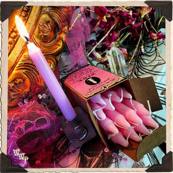 PINK SPELL CANDLES. 13 Pack - Unscented. Mini Taper Candle Magick for Love, Heart & Compassion. White Witch Parlour