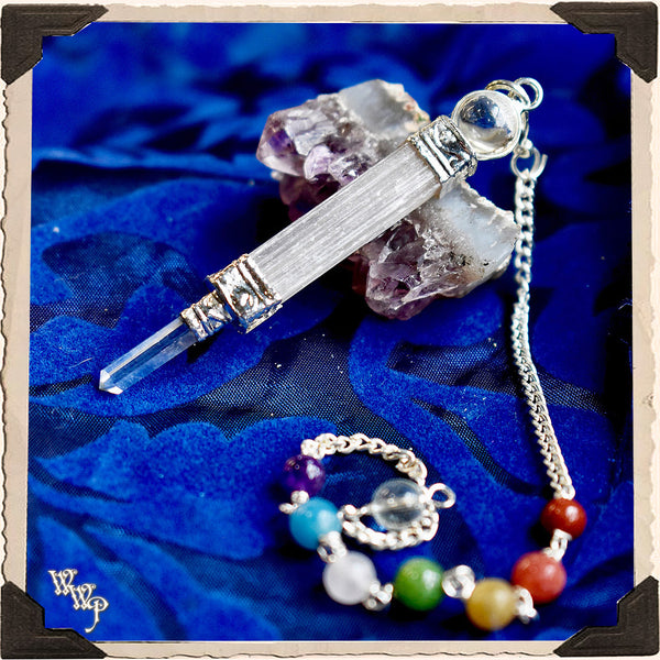 On Sale! SELENITE & CLEAR QUARTZ CHAKRA PENDULUM. For Spiritual Healing & Alignment. White Witch Parlour