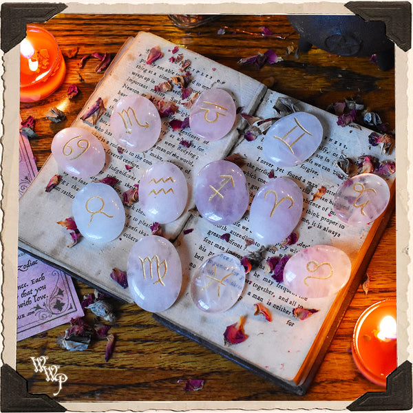 ROSE QUARTZ ZODIAC / ASTROLOGY CRYSTAL SET. For Love, Heart Guidance & Astrological Insights. White Witch Parlour