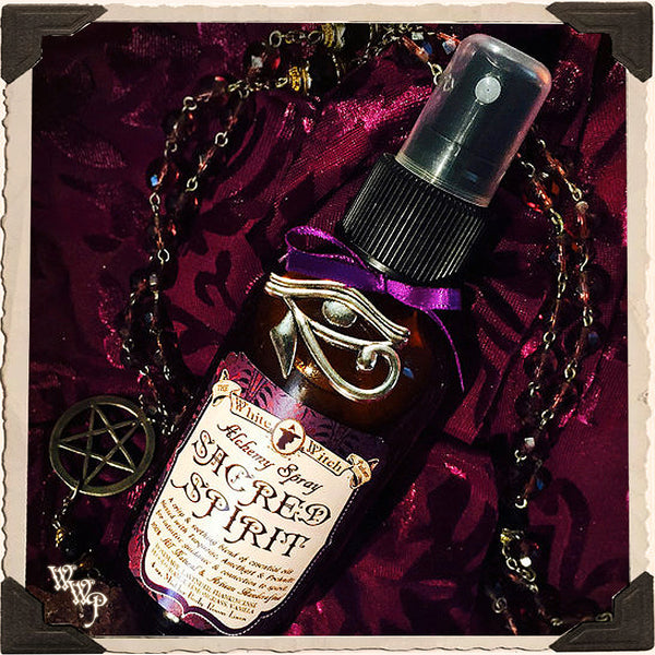 SACRED SPIRIT 4oz. Alchemy SMUDGE SPRAY. All Natural. Scent of Lavender, Rosemary, Lemongrass, Frankincense, Blood Orange & Vanilla. Blessed by Amethyst, Turquoise & Prehnite. White Witch Parlour