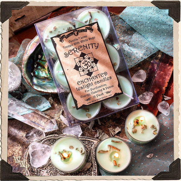 SERENITY TEALIGHT CANDLES. 12 Pack. For Purification, Energy Clearing & Peace. White Witch Parlour