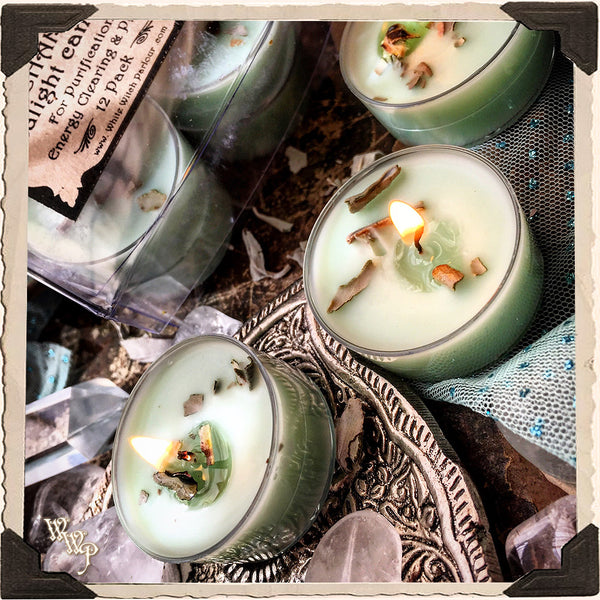 SERENITY TEALIGHT CANDLES. 12 Pack. For Purification, Energy Clearing & Peace. White Witch Parlour