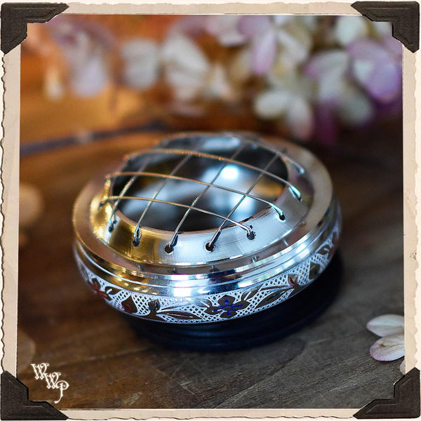 SILVER CHARCOAL BURNER with Screen & Wooden Coaster, Incense Censer for herbs, resins and oils. White Witch Parlour