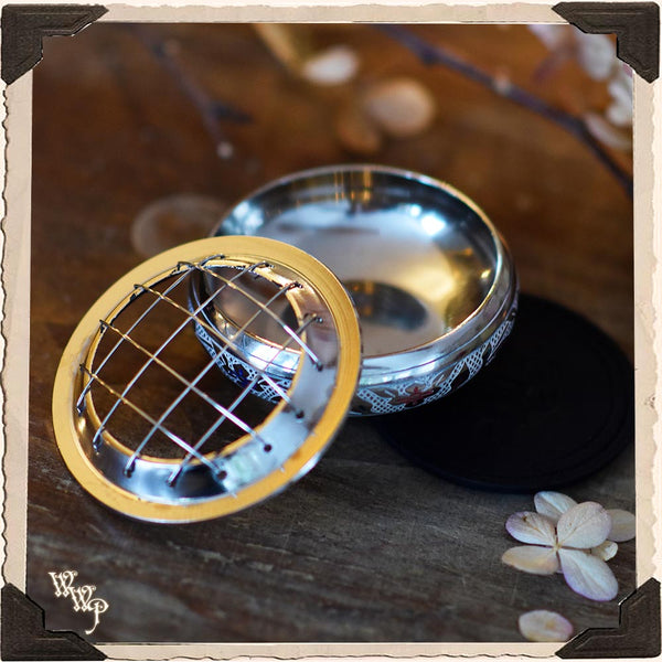 SILVER CHARCOAL BURNER with Screen & Wooden Coaster, Incense Censer for herbs, resins and oils.