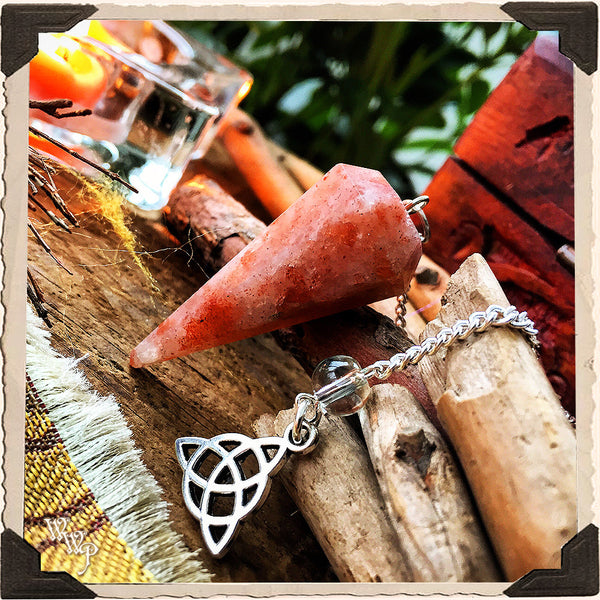 SUNSTONE CRYSTAL PENDULUM with Triquetra Charm. For Masculine Sun Energy & Happiness. White Witch Parlour