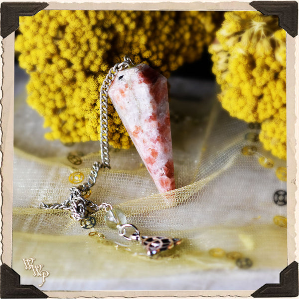 SUNSTONE CRYSTAL PENDULUM with Triquetra Charm. For Masculine Sun Energy & Happiness. White Witch Parlour
