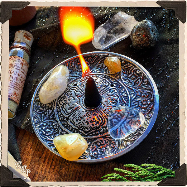 ORNATE SILVER TIBETAN BURNER. Altar Dish. Charcoal & Cone Incense Burner.