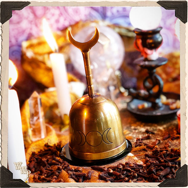 TRIPLE MOON ALTAR BELL. Brass Crescent Moon Handle for Ritual. White Witch Parlour