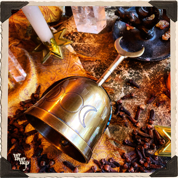 TRIPLE MOON ALTAR BELL. Brass Crescent Moon Handle for Ritual. White Witch Parlour
