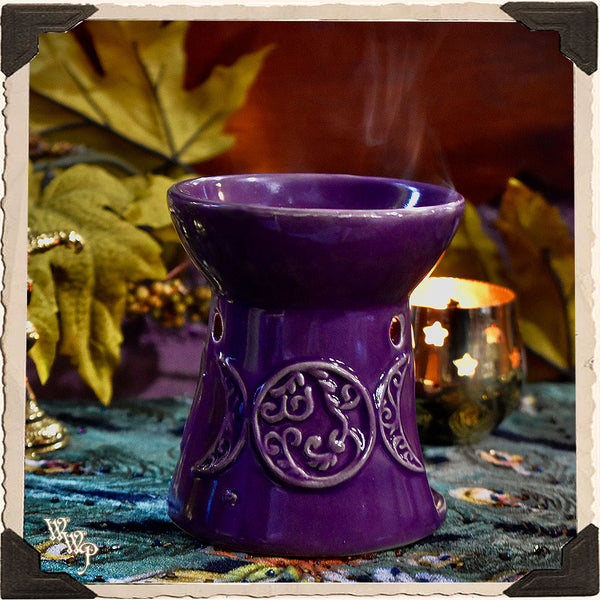 TRIPLE MOON AROMA OIL BURNER. Purple Ceramic Wax Warmer Altar Decor