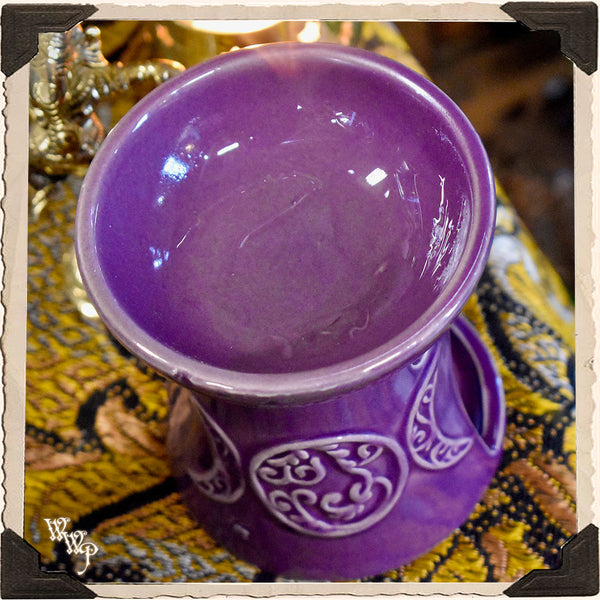 TRIPLE MOON AROMA OIL BURNER. Purple Ceramic Wax Warmer Altar Decor