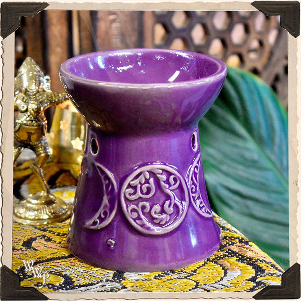 TRIPLE MOON AROMA OIL BURNER. Purple Ceramic Wax Warmer Altar