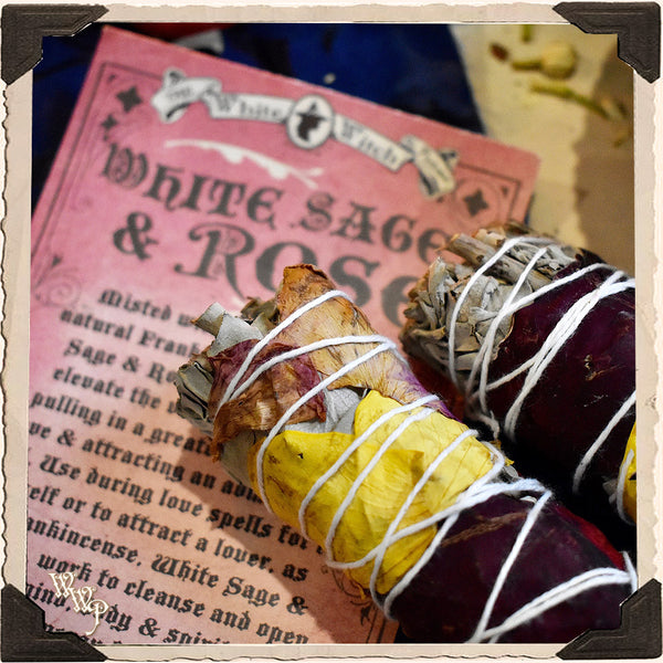 SMUDGE WANDS: WHITE SAGE, ROSE & FRANKINCENSE 2 Pack For Self Love, Initiation & Peaceful Cleansing & Love Spells. White Witch Parlour