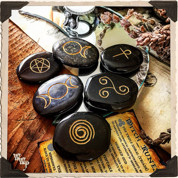WITCHES BLACK JASPER RUNE & SCRYING SET. For Divination & Fortune Telling White Witch Parlour