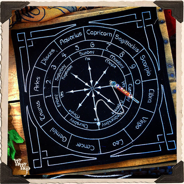 ZODIAC / ASTROLOGY PENDULUM MAT. Black Velvet With Numbers & Days. For Astrological Divination & Spiritual Insight. White Witch Parlour