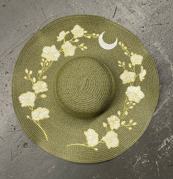 Floppy Sun Hat - XL Brim - Olive Orchids
