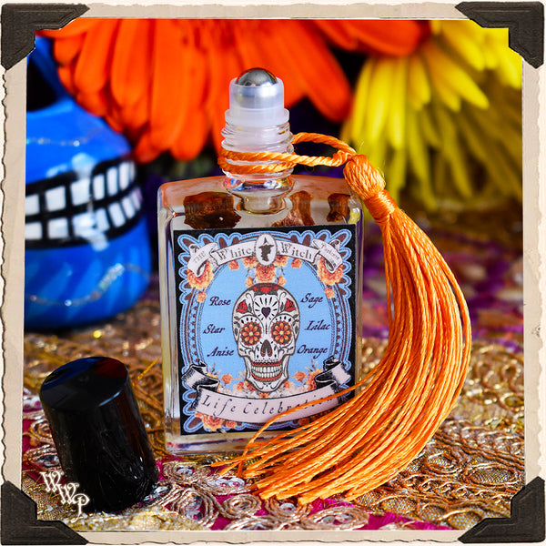 LIFE CELEBRATION OIL. 1/2 oz.  For Dia De Los Muertos, Day of the Dead, Samhain.