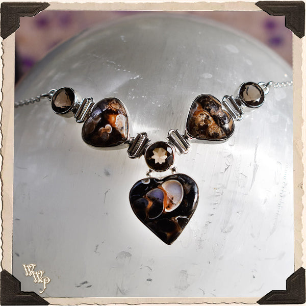 LIMITED EDITION :  MUSHROOM RHYOLITE & SMOKY TOPAZ HEART NECKLACE. For Detoxing, Grounding & Passion.