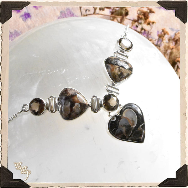 LIMITED EDITION :  MUSHROOM RHYOLITE & SMOKY TOPAZ HEART NECKLACE. For Detoxing, Grounding & Passion.