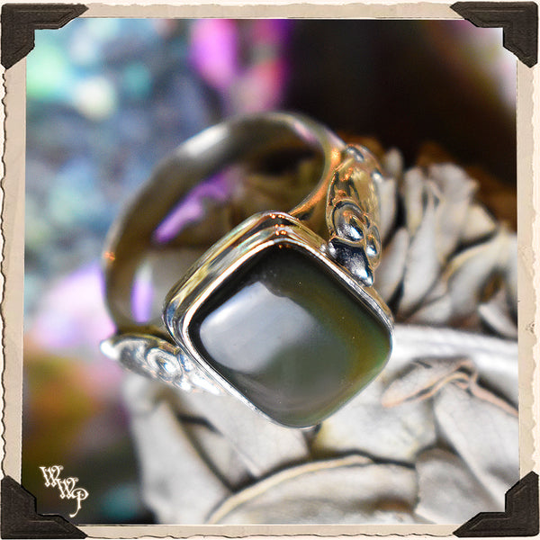 LIMITED EDITION : RAINBOW OBSIDIAN OWL RING. For Power, Protection & Enjoyment.