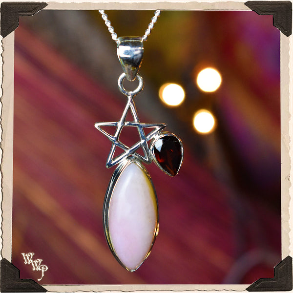 LIMITED EDITION : PINK OPAL & GARNET PENTACLE PENDANT. For Love, Compassion & Emotions.