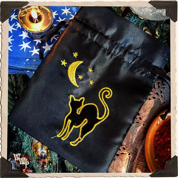 Black Cat & Moon Embroidered Drawstring Pouch. Witch's Keepsake Bag.