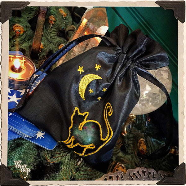 Black Cat & Moon Embroidered Drawstring Pouch. Witch's Keepsake Bag.