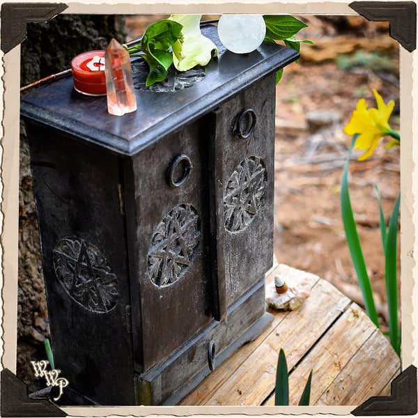 WITCH'S ALTAR PENTACLE CUPBOARD. Black Wood Box for Crystals, Herbs & Potions.