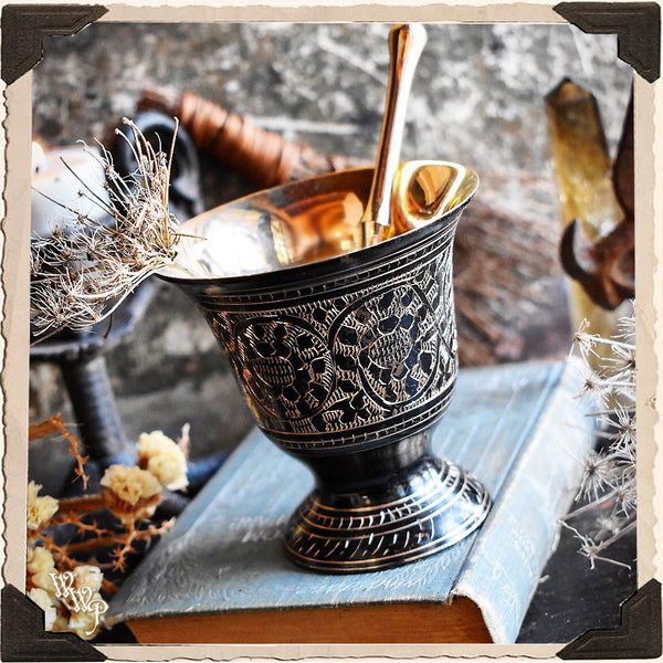 BLACK BRASS PESTLE & MORTAR. Ornate Design for Incense, resins & herbs.