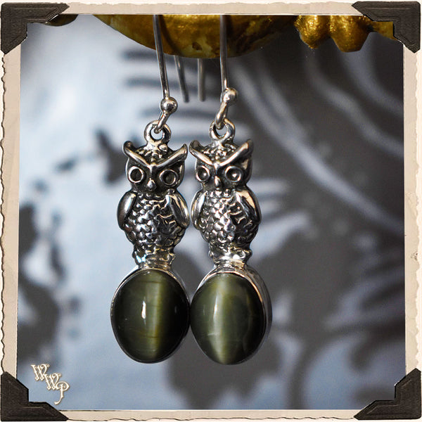 GREEN CAT'S EYE CRYSTAL OWL EARRINGS. For Enhancing Intuition & Spiritual Journey