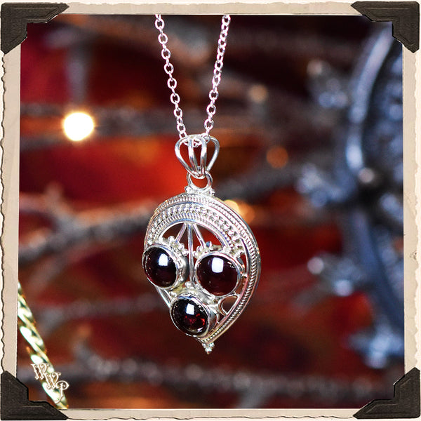 LIMITED EDITION : TRIPLE RED GARNET NECKLACE PENDANT. For Protection & Witchcraft. Sterling Silver.( SKU:323A )