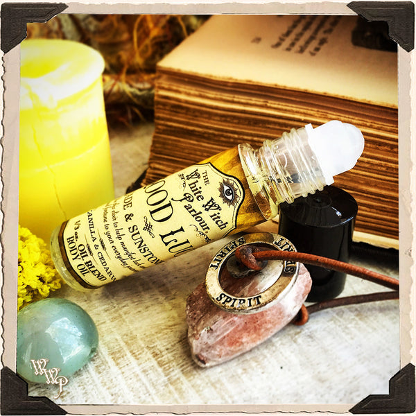 GOOD LUCK Elixir 1/3oz. BODY OIL Rollon. Scent of Vanilla & Cedarwood. Blessed by Sunstone & Jade Crystals.