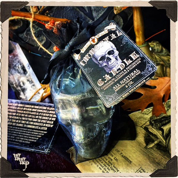 IMMORTAL Apothecary SKULL CANDLE 6oz. All Natural. Scent of Patchouli, Clove & Cinnamon. Blessed by Tiger's Eye, Moonstone & Amethyst Crystals.