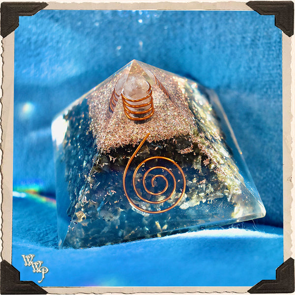 LARVIKITE ORGONE PYRAMID. With Clear Quartz Copper Coil For Spiritual Connections & Deep Wisdom.